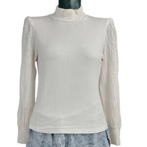 Audele Mock Neck Long Sleeve Top Eyelet Detail Ivory White Size L 2291